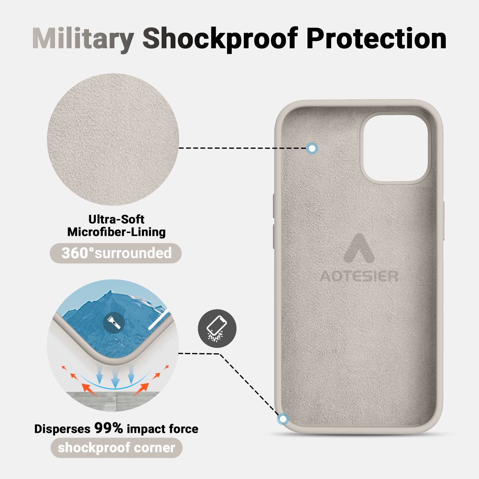 AOTESIER iPhone 13 Pro Max Phone Case,[Military Shockproof Protection] Liquid Silicone Case with [Soft Anti-Scratch Microfiber Lining] Camera & Screen Protection 6.7 inch Slim Thin Cover（Stone）