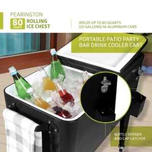 Pearington 80 Quart Rolling Ice Chest, Portable Patio Party Bar Drink Cooler Cart, with Shelf, Beverage Pool with Bottle Opener, Black