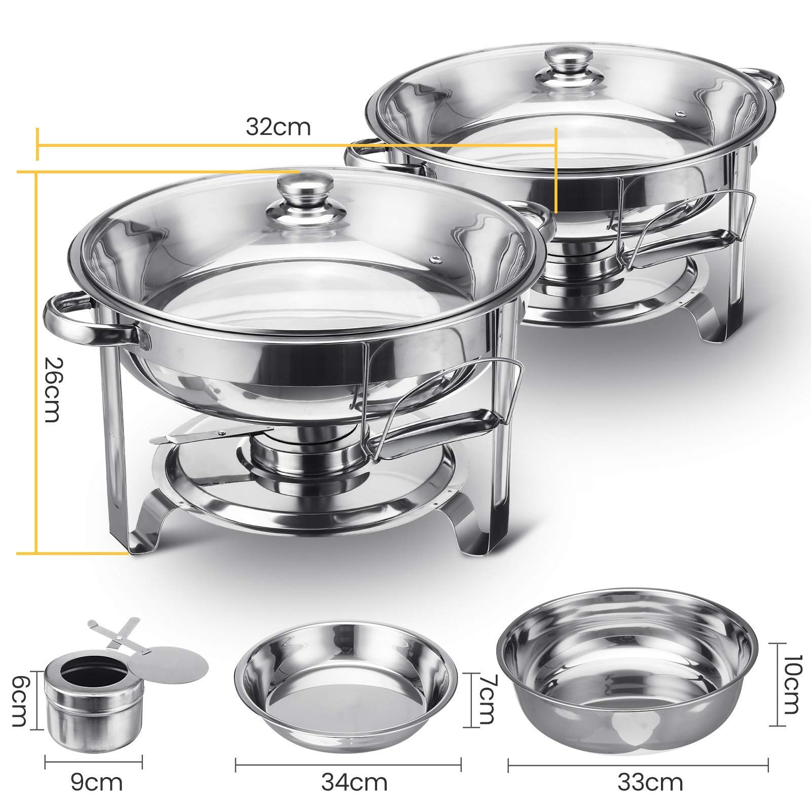 TOOCAPRO Chafing Dish Buffet Set, 2Pack Round Chafers and Buffet Warmers Sets with Glass Lid & Lid Holder Chafing Dishes Stainless Steel Catering Food Warmers For Parties Events Wedding,4-Quart