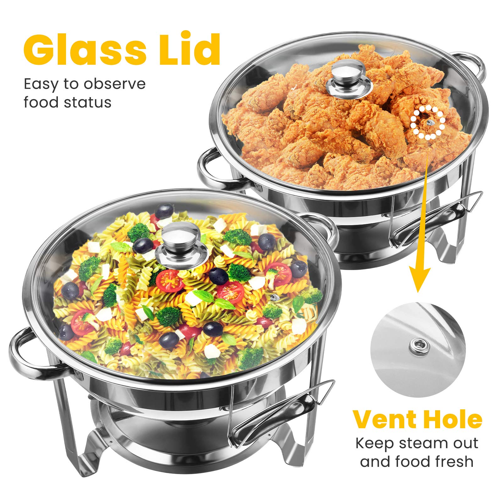 TOOCAPRO Chafing Dish Buffet Set, 2Pack Round Chafers and Buffet Warmers Sets with Glass Lid & Lid Holder Chafing Dishes Stainless Steel Catering Food Warmers For Parties Events Wedding,4-Quart