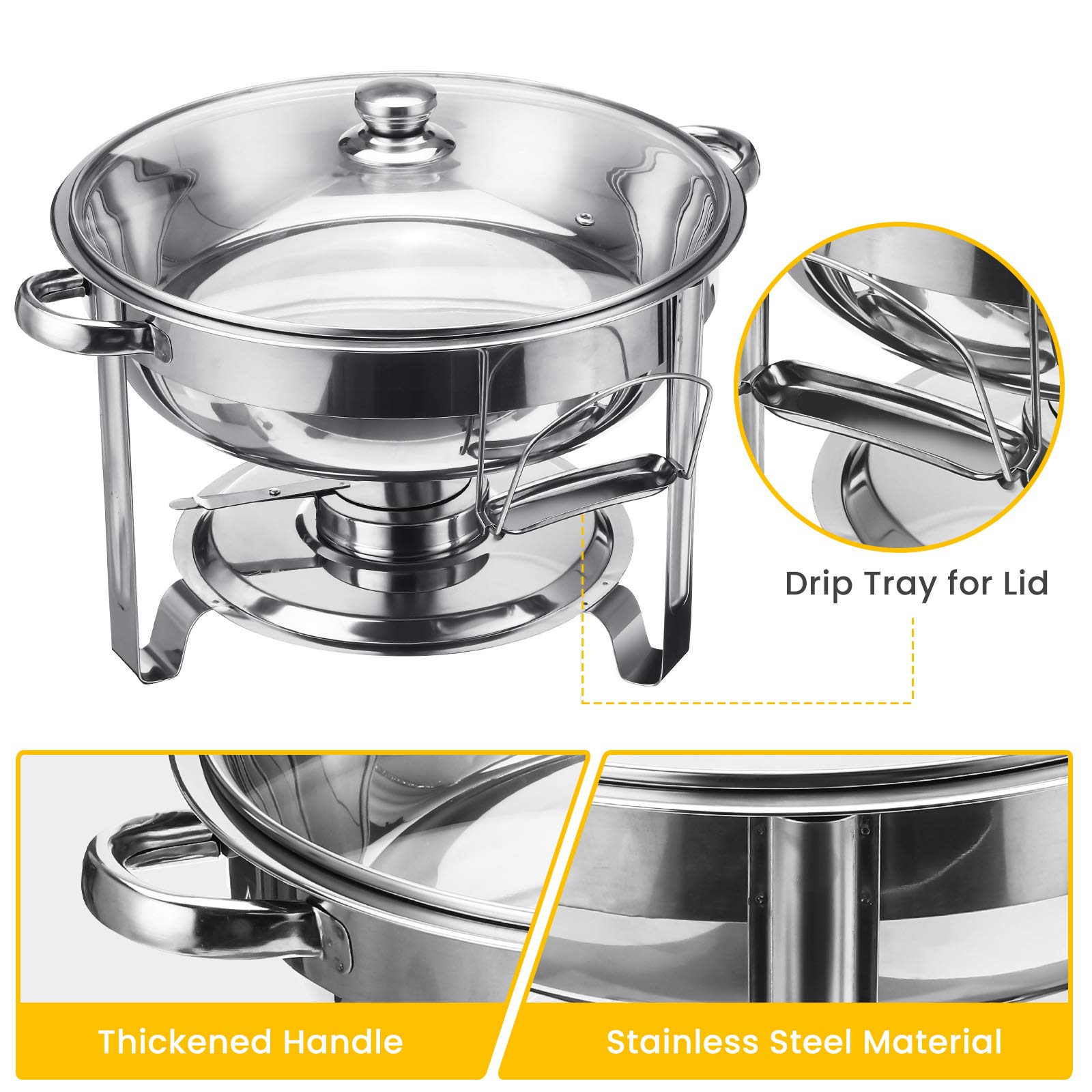 TOOCAPRO Chafing Dish Buffet Set, 2Pack Round Chafers and Buffet Warmers Sets with Glass Lid & Lid Holder Chafing Dishes Stainless Steel Catering Food Warmers For Parties Events Wedding,4-Quart