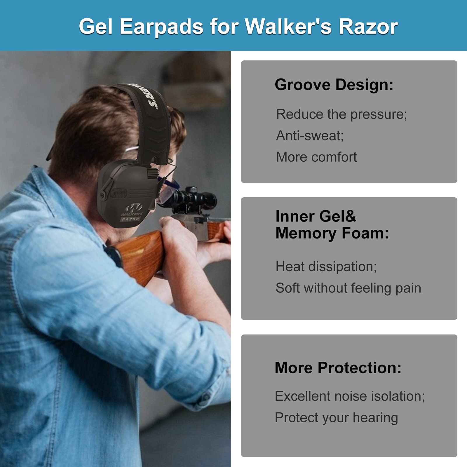 Gel Ear Pads for Walker's Razor Earmuffs Gel Seals Gel Ear Cushions Earcups Replacement Ear Pad for Shooting Ear Protection with Sealed Bottom Shell