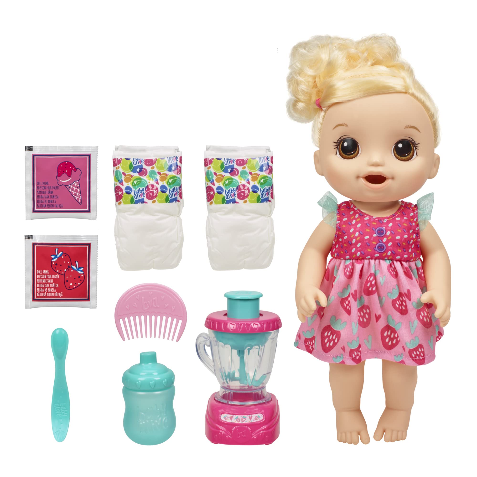 Baby Alive Magical Mixer Baby Doll, Strawberry Shake, Doll with Toy Blender, Baby Doll Set for Kids 3 and Up, Blonde Hair