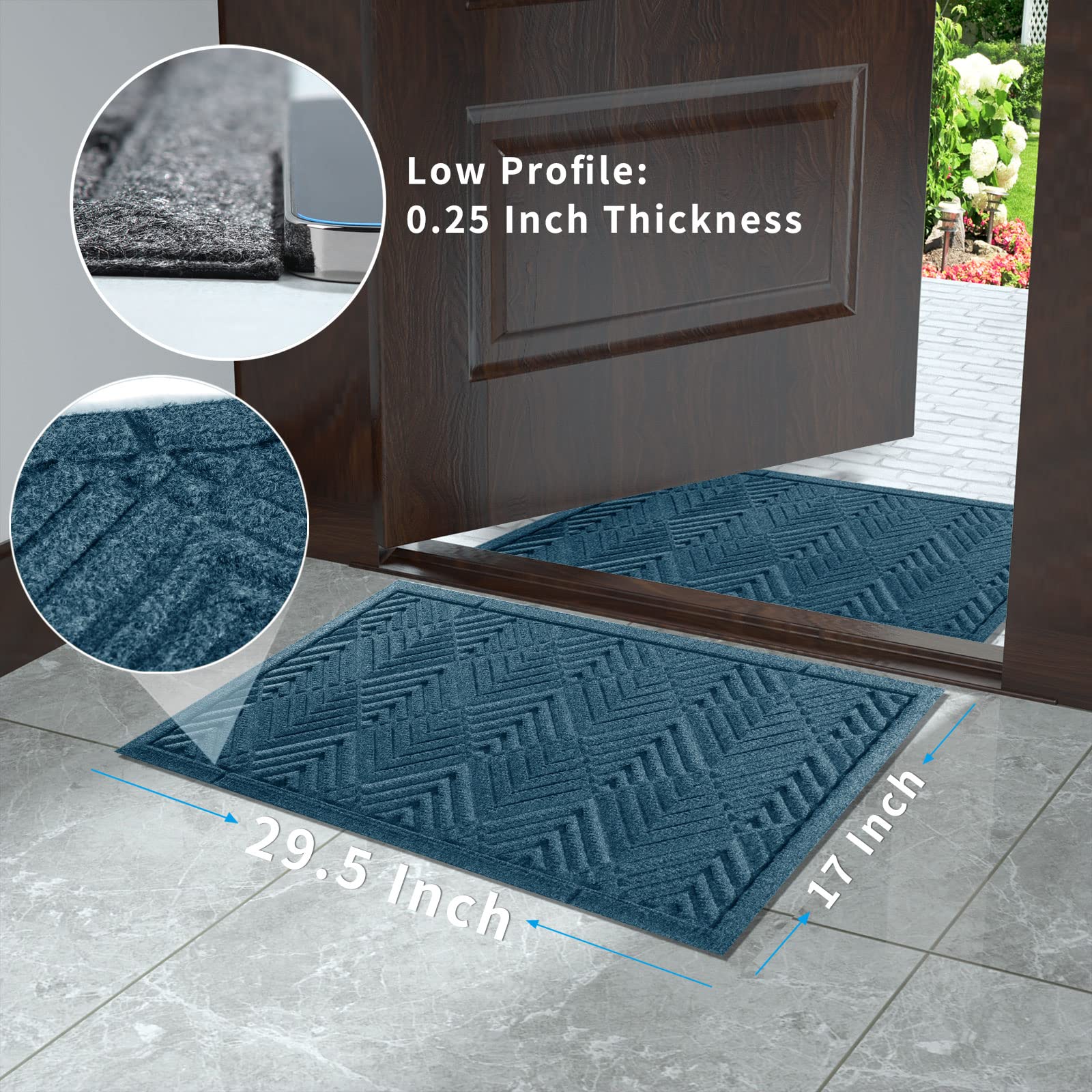 Yimobra Door Mat Outdoor Entrance with Water Freeing Port, Heavy Duty Sturdy Non Slip Front Doormat Outdoor Indoor for Home Entranway, Patio Entrance Mat, Natural Rubber Backing, 29.5 x 17 Inch, Blue