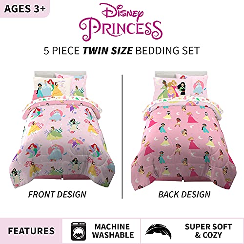 Franco Kids Bedding Super Soft Comforter and Sheet Set with Sham, 5 Piece Twin Size, Disney Princess