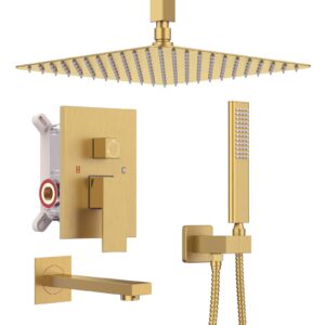 iriber ceiling brushed gold rain shower system with waterfall tub spout 3 function shower faucet set contain 12 inch shower head and handheld brushed brass shower trim kit (valve included)