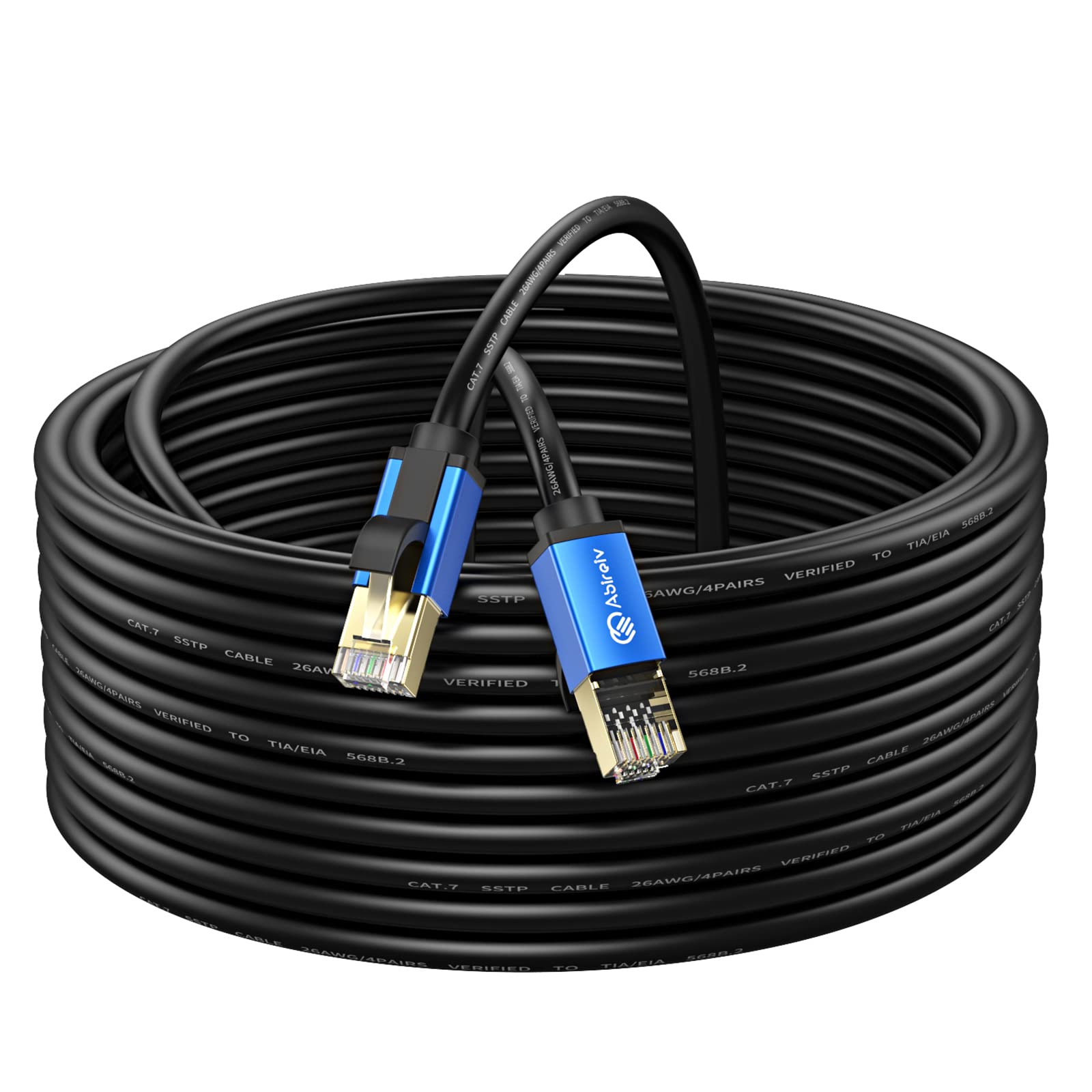 Abireiv Cat7 Ethernet Cable 250ft, Cat7 Outdoor Cable Triple Shielding SSTP 10Gbps 600MHz Ethernet Patch Cable for Modem Router LAN RJ45, UV/Water Proof, Direct Burial, PE Jacket