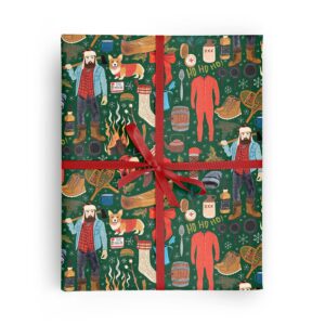 revel & co lumberjack folded christmas wrapping paper, 2 feet x 10 feet folded holiday giftwrap with lumberjack, plaid, flannel, corgi, woodsman, masculine design