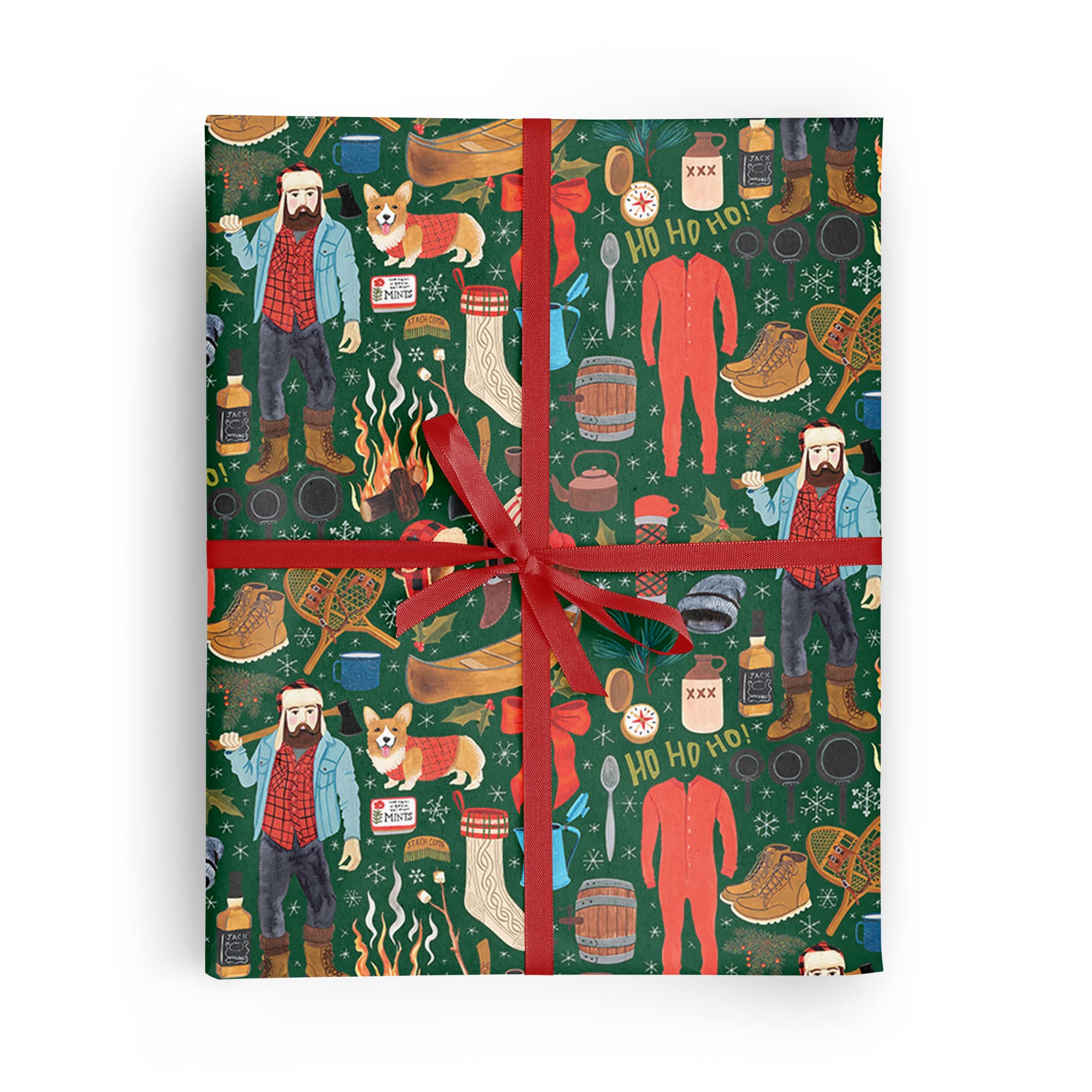 REVEL & Co Lumberjack Folded Christmas Wrapping Paper, 2 Feet x 10 Feet Folded Holiday Giftwrap with Lumberjack, Plaid, Flannel, Corgi, Woodsman, Masculine Design