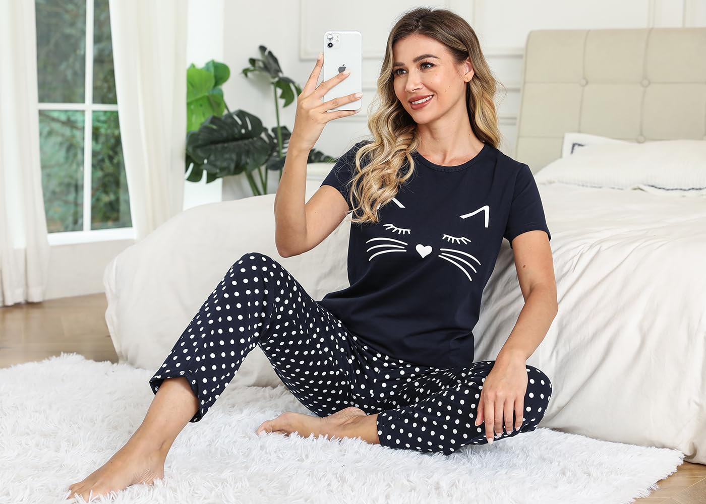 EISHOPEER Women's Pajama Set Printed Short Sleeve Top & Long Pants Sleepwear Pjs Sets Navy Blue XS