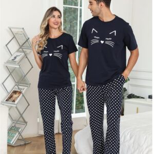 EISHOPEER Women's Pajama Set Printed Short Sleeve Top & Long Pants Sleepwear Pjs Sets Navy Blue XS