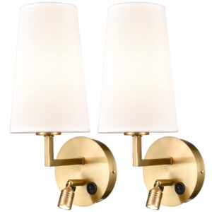 samteen gold wall sconces set of two modern brass wall lamp with fabric shade, usb sconces wall lighting with switch wall light for bedroom hallway living room