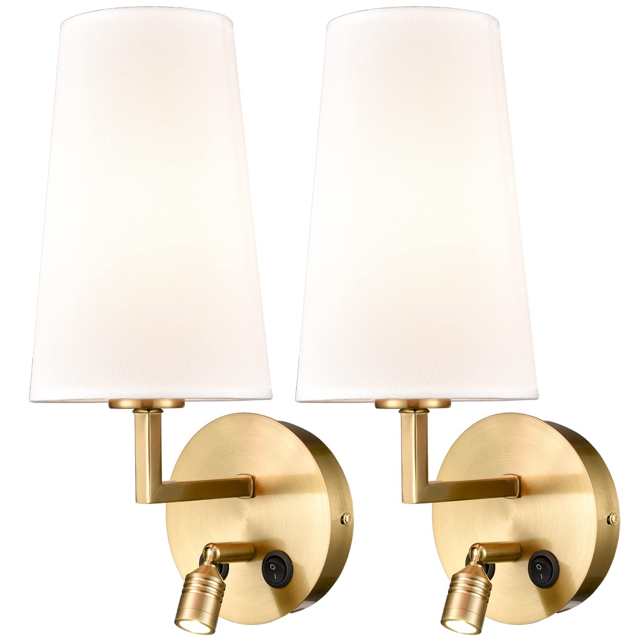 SAMTEEN Gold Wall Sconces Set of Two Modern Brass Wall Lamp with Fabric Shade, USB Sconces Wall Lighting with Switch Wall Light for Bedroom Hallway Living Room