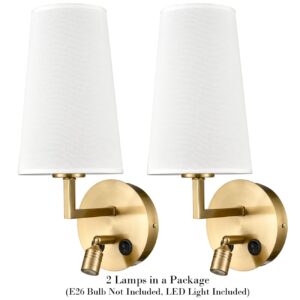 SAMTEEN Gold Wall Sconces Set of Two Modern Brass Wall Lamp with Fabric Shade, USB Sconces Wall Lighting with Switch Wall Light for Bedroom Hallway Living Room