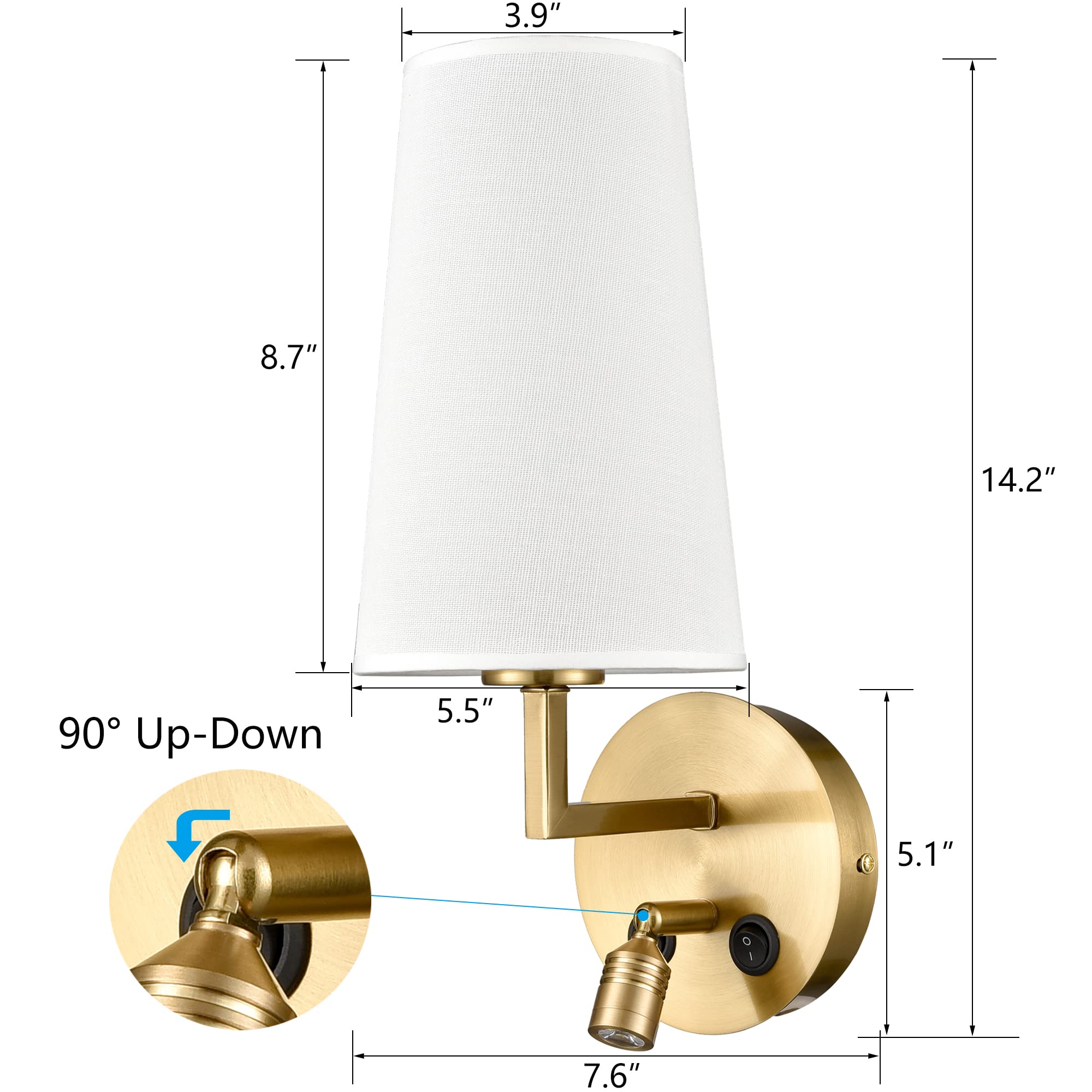 SAMTEEN Gold Wall Sconces Set of Two Modern Brass Wall Lamp with Fabric Shade, USB Sconces Wall Lighting with Switch Wall Light for Bedroom Hallway Living Room