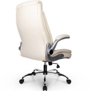 NEO CHAIR Office Chair Computer High Back Adjustable Flip-up Armrests Ergonomic Desk Chair Executive Diamond-Stitched PU Leather Swivel Task Chair with Armrests Lumbar Support (Ivory)