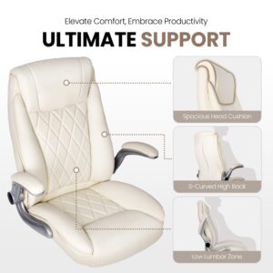 NEO CHAIR Office Chair Computer High Back Adjustable Flip-up Armrests Ergonomic Desk Chair Executive Diamond-Stitched PU Leather Swivel Task Chair with Armrests Lumbar Support (Ivory)