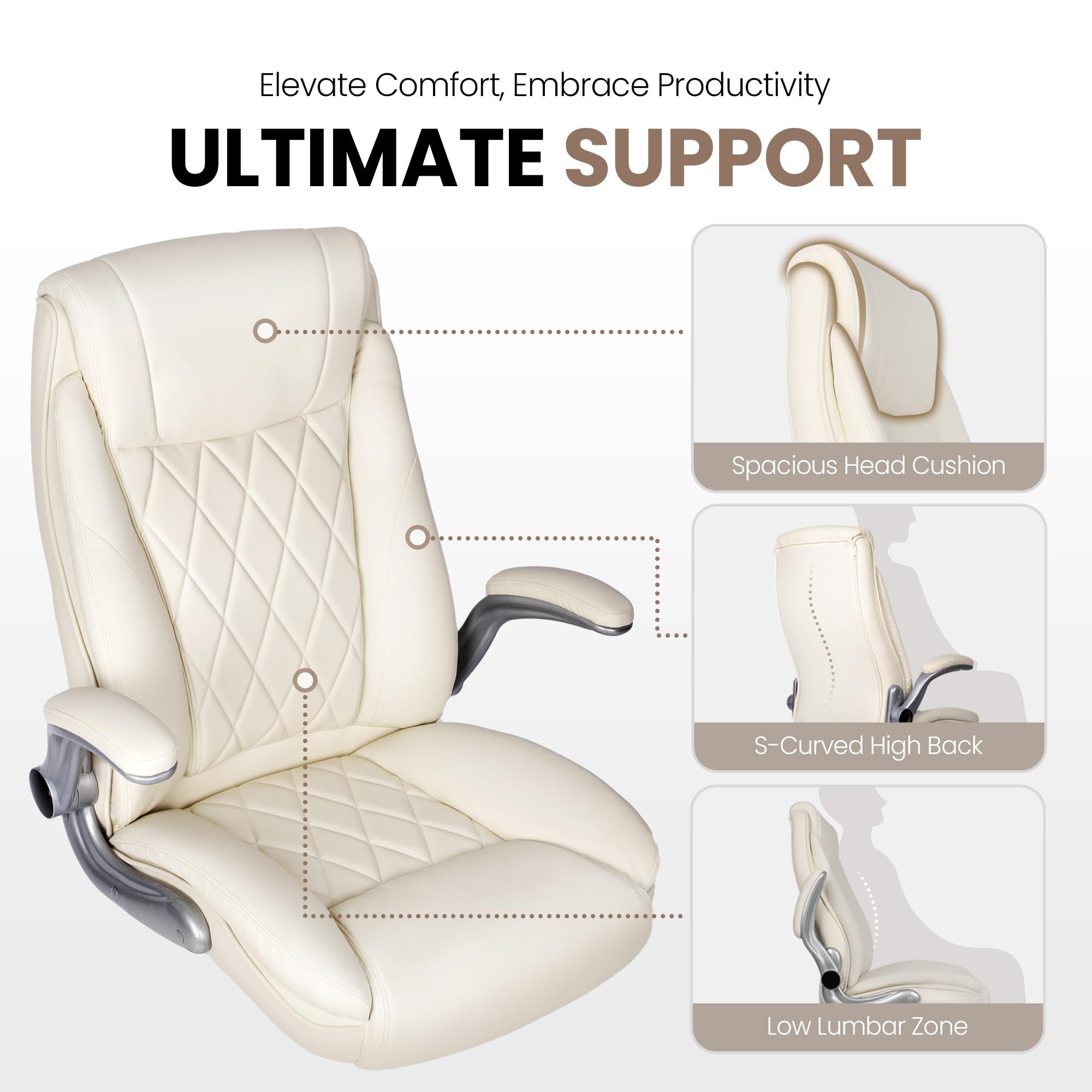 NEO CHAIR Office Chair Computer High Back Adjustable Flip-up Armrests Ergonomic Desk Chair Executive Diamond-Stitched PU Leather Swivel Task Chair with Armrests Lumbar Support (Ivory)