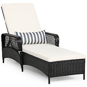 Black PE Rattan Patio Outdoor Chaise Lounge Chair Lounger Recliner Sunbathing Bed Thick Padded Cushion Lumbar Pillow 6 Adjustable Backrest Position Perfect for Poolside Deck Beach Balcony Use