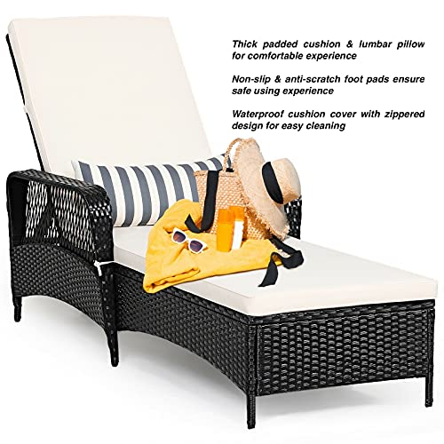 Black PE Rattan Patio Outdoor Chaise Lounge Chair Lounger Recliner Sunbathing Bed Thick Padded Cushion Lumbar Pillow 6 Adjustable Backrest Position Perfect for Poolside Deck Beach Balcony Use