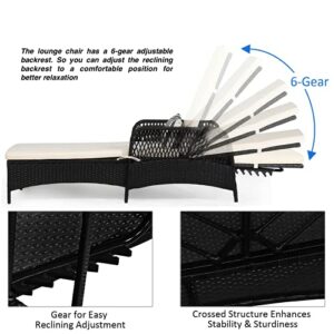 Black PE Rattan Patio Outdoor Chaise Lounge Chair Lounger Recliner Sunbathing Bed Thick Padded Cushion Lumbar Pillow 6 Adjustable Backrest Position Perfect for Poolside Deck Beach Balcony Use