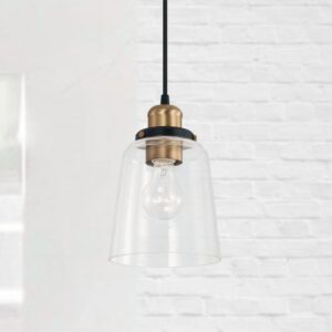 Capital Lighting 3718AB-135 Fallon Urban/Industrial Clear Glass Pendant Light Fixture, 1-Light 100 Watt, 9" H x 6" W, Aged Brass and Black