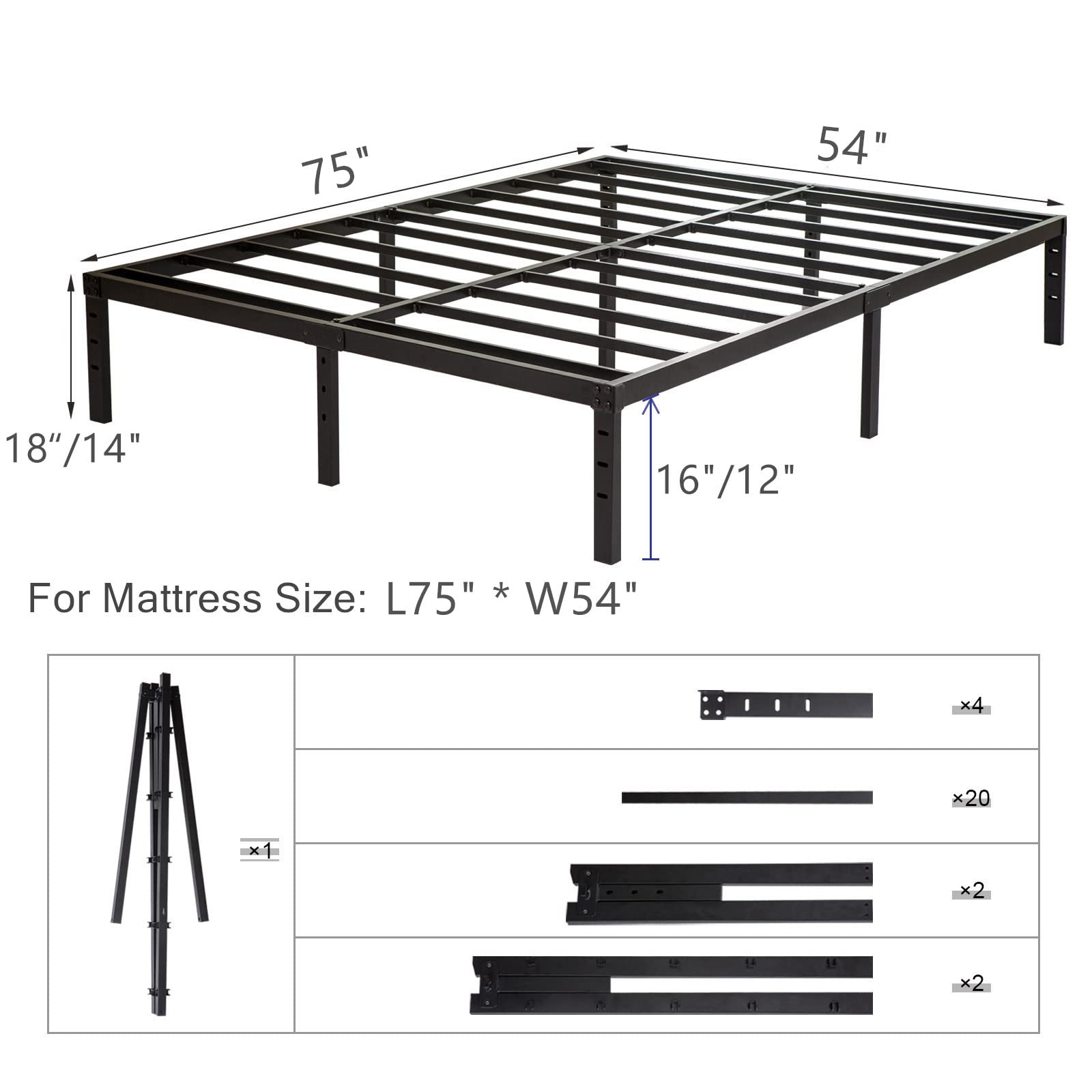 Wulanos Full Size Bed Frame 18 inch Tall, 3500lbs Heavy Duty Metal Platform with Steel Slats Support, No Box Spring Needed, 18-inch Bedframe with Ample Storage, Sturdy and Noise-Free, Black