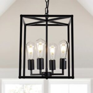 gzdezcl 4-light black farmhouse chandelier light fixture rustic lantern pendant light industrial cage hanging lights for kitchen island foyer entryway dining room hallway