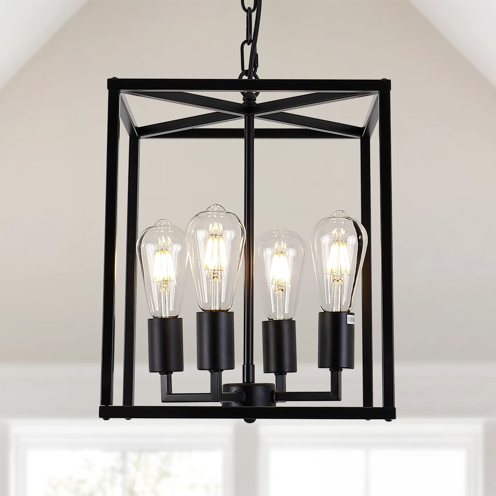 GZDEZCL 4-Light Black Farmhouse Chandelier Light Fixture Rustic Lantern Pendant Light Industrial Cage Hanging Lights for Kitchen Island Foyer Entryway Dining Room Hallway