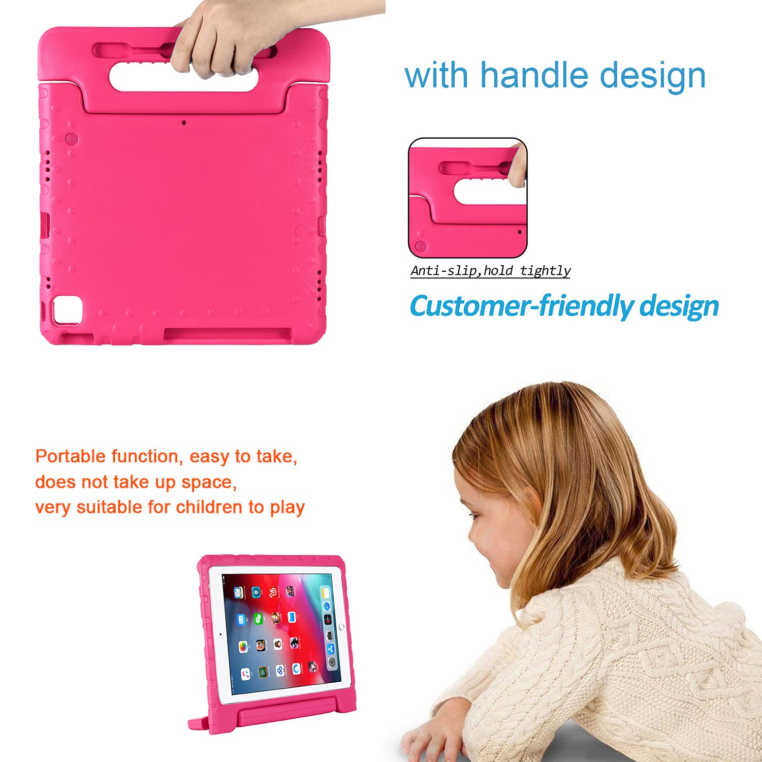 UUcovers Kids Case for Apple iPad Pro 12.9 inch 2022/2021/2020/2018 (6th/5th/4th/3rd Generation) with Pencil Holder/Rotating Kickstand Swivel Handle EVA Foam Shockproof Rugged Flip Stand Cover, Rose