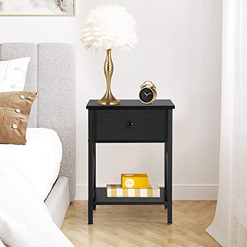 VECELO Night Stands for Bedroom Rustic Nightstand Bedside End Tables with Drawer Storage, (Set of 2), Classic Black