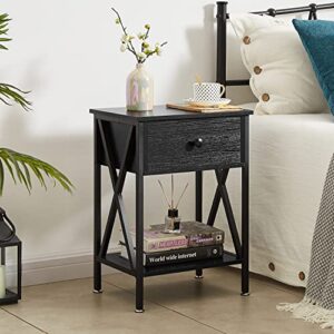 VECELO Night Stands for Bedroom Rustic Nightstand Bedside End Tables with Drawer Storage, (Set of 2), Classic Black