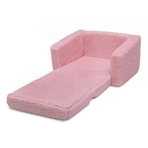 Delta Children Cozee Flip-Out Sherpa 2-in-1 Convertible Chair to Lounger for Kids, Pink