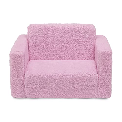 Delta Children Cozee Flip-Out Sherpa 2-in-1 Convertible Chair to Lounger for Kids, Pink