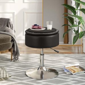 GREENSTELL Vanity Stool with Storage, 19" to 23" Height Adjustable PU Leather Vanity Chair, 360° Swivel Makeup Stool with Removeable Tray, Modern Ottoman for Bedroom Bathroom, Black