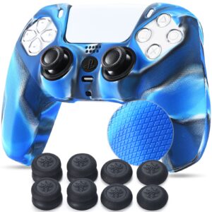 yorha grip texture silicone cover skin case for ps5 controller x 1(camou blue) with pro thumb grips x 8