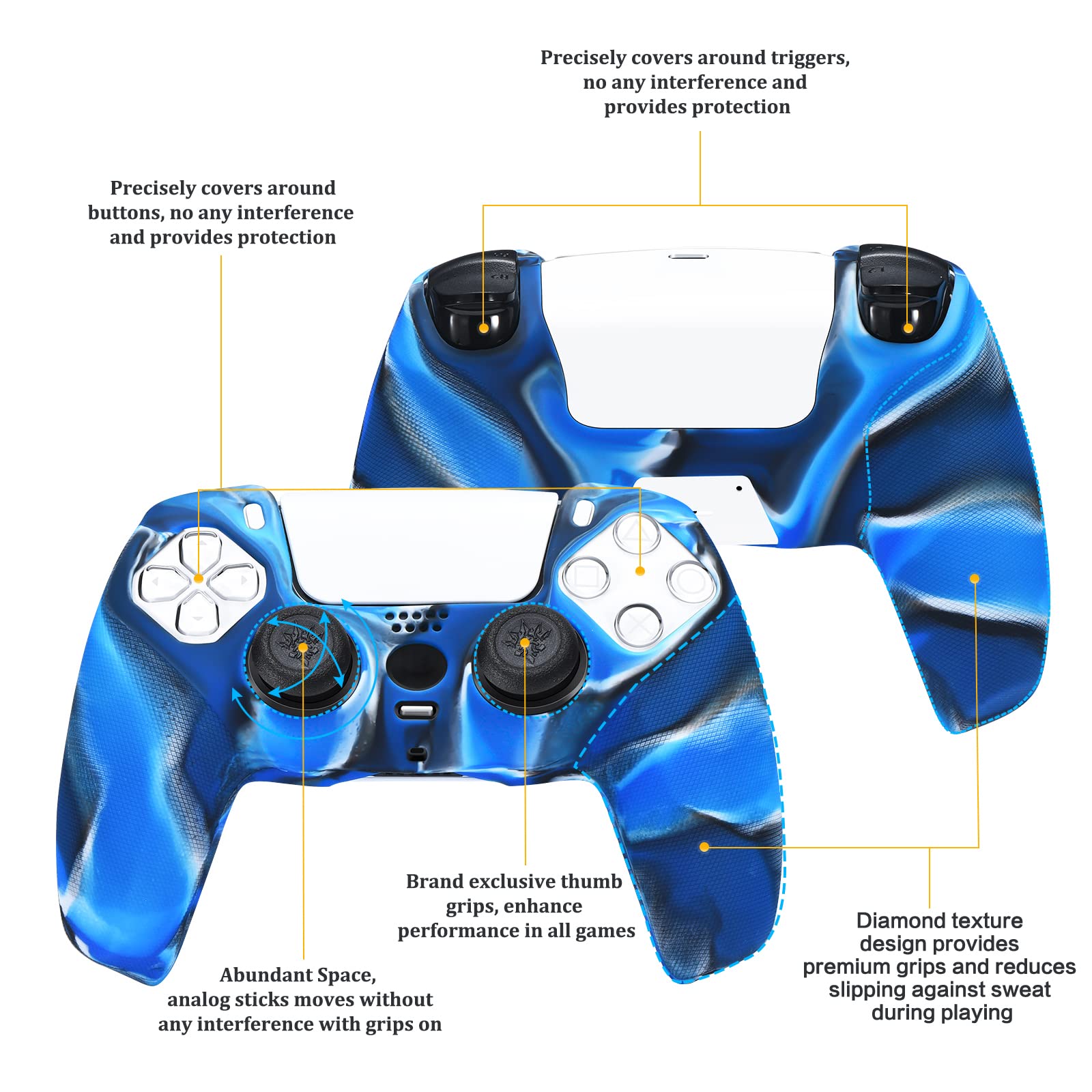 YoRHa Grip Texture Silicone Cover Skin Case for PS5 Controller x 1(Camou Blue) with Pro Thumb Grips x 8