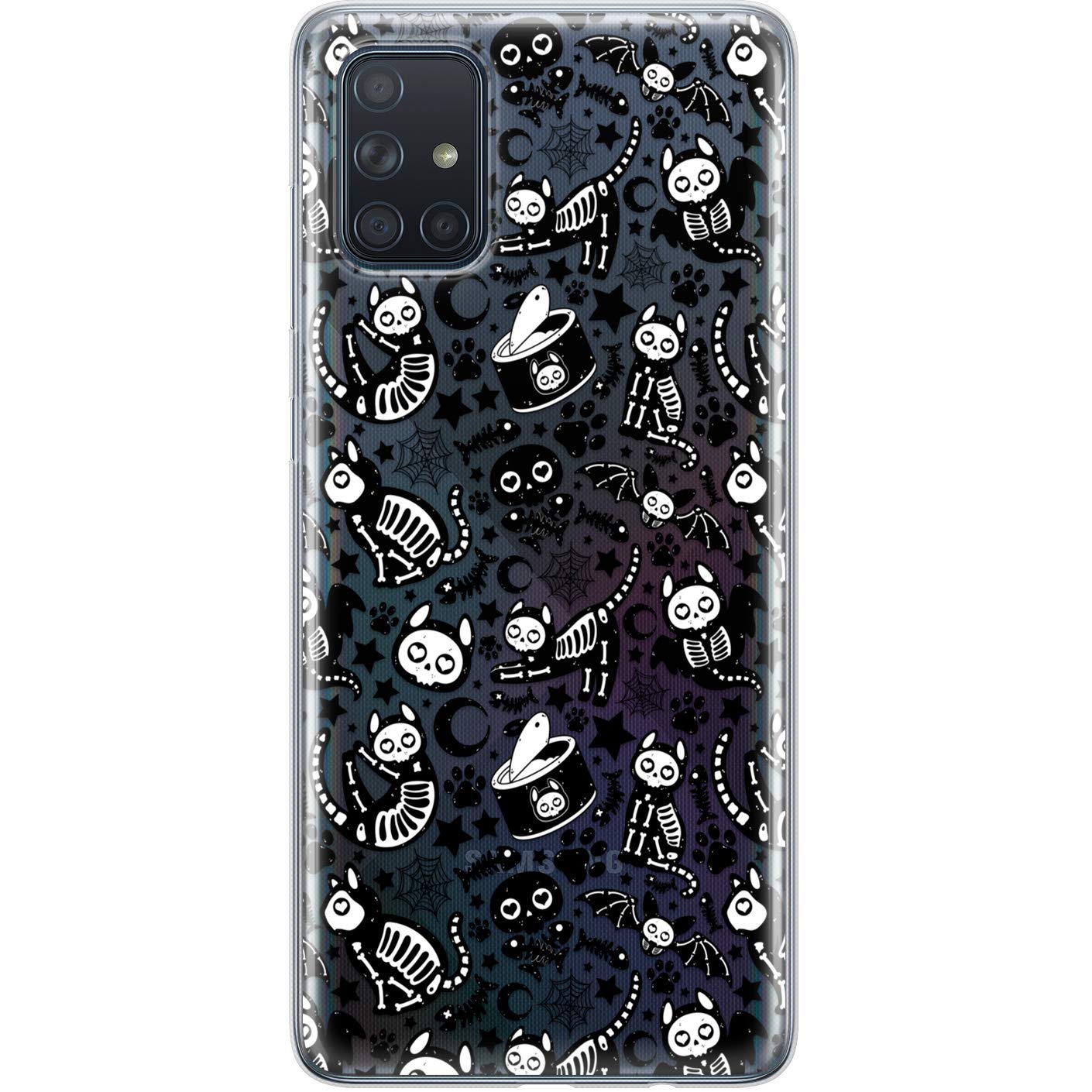 TPU Phone Case Compatible with Samsung A72 A71 5G A70 A51 A50 A32 A21 A11 A12 A13 A14 A01 Flexible Paws Spooky Cats Soft Silicone Bones Skeletons Durable Black Cute Shockproof Protective