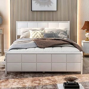 STP-Y Full Platform Bed, Rockjame Minimalistic Stylish Wood Bed Frame with Rectangular Line Shape Headboard and Footboard, Perfect for Kids, Teens and Adults (Walnut) (Color : White, Size : Queen)