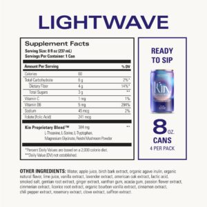 Lightwave by Kin Euphorics, Non Alcoholic Spirits, Prebiotic, Nootropic, Botanic, Adaptogen Drink, Lavender-Vanilla, Ginger, and Birch, Calm the Mind and Mellow the Mood, 8 Fl Oz (4pk)