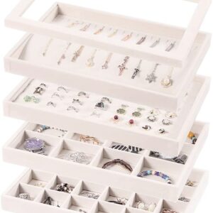 Coward Set of 5 Stackable Jewelry Organizer Tray Necklace Earring Box Storage Ring Bracelet Display Holder (beige(ring+necklace+12girds+24girds+The glass lid))