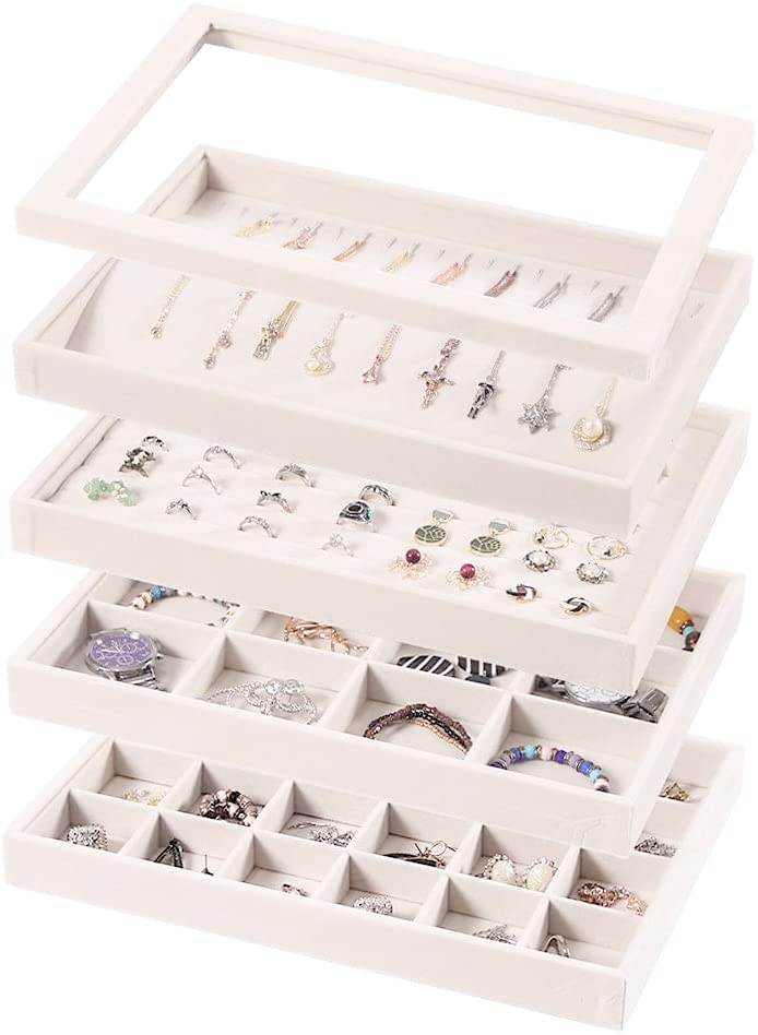 Coward Set of 5 Stackable Jewelry Organizer Tray Necklace Earring Box Storage Ring Bracelet Display Holder (beige(ring+necklace+12girds+24girds+The glass lid))