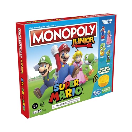 Monopoly Junior Super Mario Edition Board Game, Fun Kids' Ages 5 and Up, Explore The Mushroom Kingdom as Mario, Peach, Yoshi, or Luigi (Amazon Exclusive)