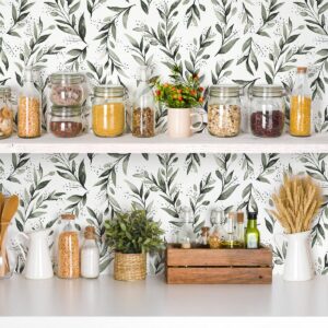 Erfoni Dark Green Leaf Wallpaper Peel and Stick Wallpaper 17.7in x 118.1in Removable Contact Paper Leaves Plant Self Adhesive Wallpaper Bathroom Vinyl