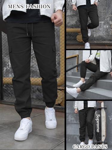 OUTSON Mens Fashion Joggers Sports Pants Casual Cotton Cargo Pants Gym Sweatpants Trousers Mens Long Pant Black