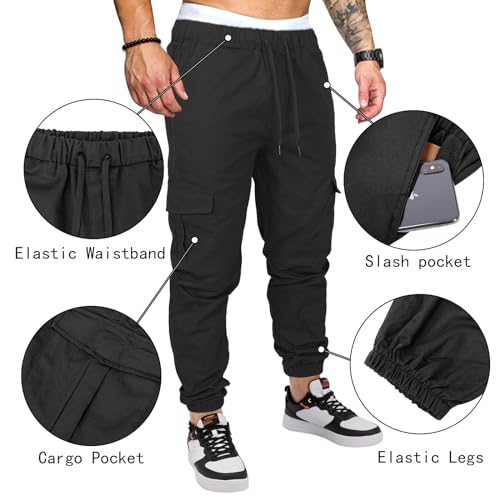 OUTSON Mens Fashion Joggers Sports Pants Casual Cotton Cargo Pants Gym Sweatpants Trousers Mens Long Pant Black