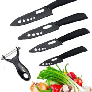 Ceramic Knife Set of 5,Sharp Ceramic Knife with Sheath,Steak Knife,Black Kitchen Knives With Anti-Slip handle,Includes 6"Chef Knife,5"Utility Knife,4"Vegetable Knife,3"Paring Knife,1''Fruit Peeler