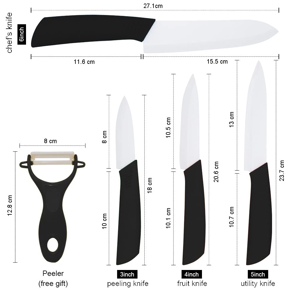 Ceramic Knife Set of 5,Sharp Ceramic Knife with Sheath,Steak Knife,Black Kitchen Knives With Anti-Slip handle,Includes 6"Chef Knife,5"Utility Knife,4"Vegetable Knife,3"Paring Knife,1''Fruit Peeler