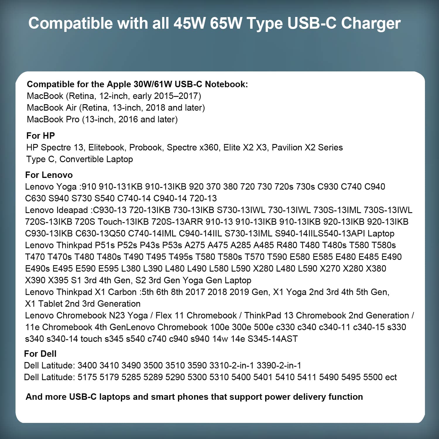 USB C Type C 65W AC Charger Fit for Lenovo Thinkpad T14 T15 E14 E15 X13 L13 L14 L15 X1 ThinkPad T480 T490 T495 T590 Yoga 7i 9i 730 C740 C940 Chromebook Laptop Power Supply Adapter Cord