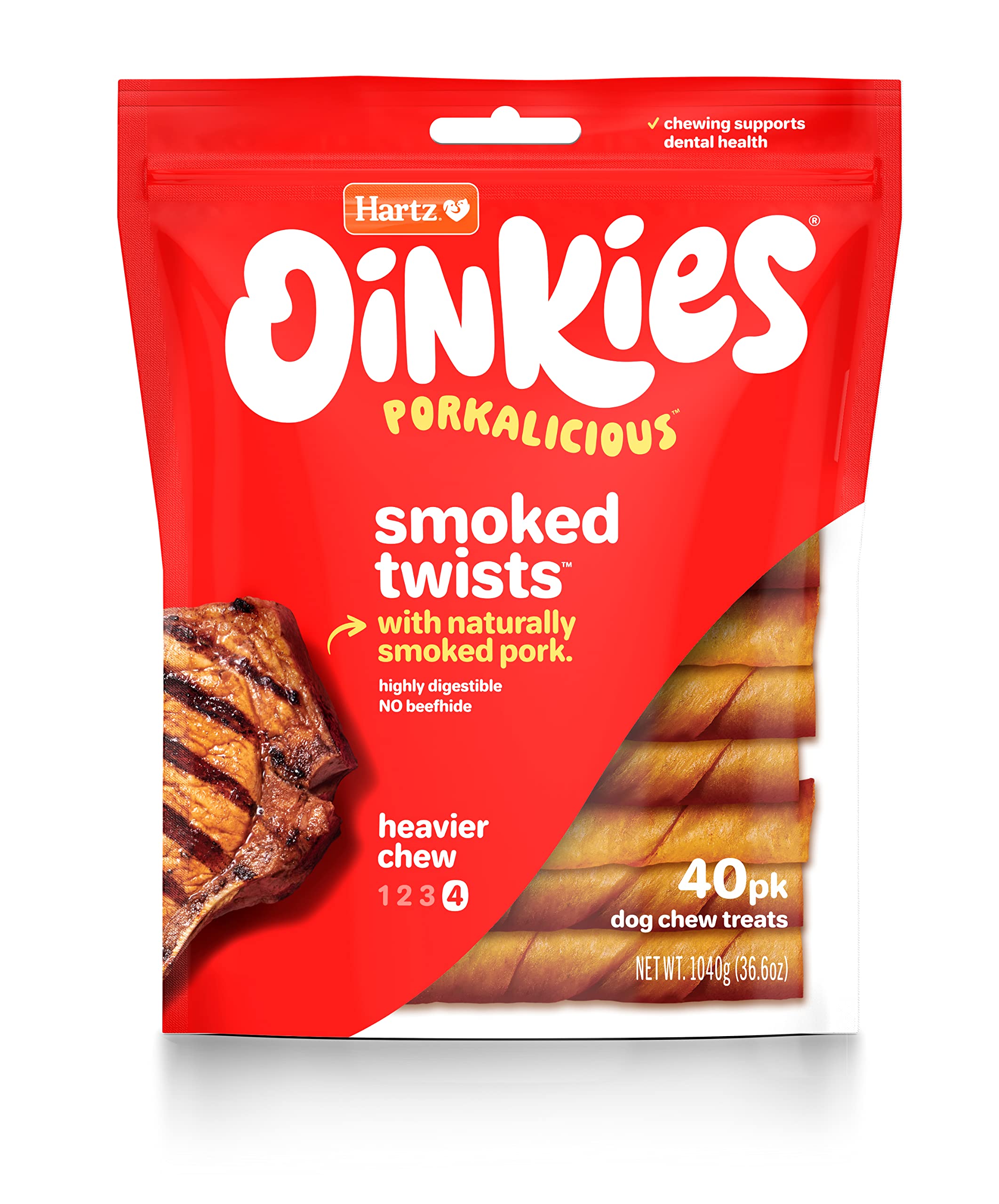 Hartz Oinkies Porkalicious Smoked Pig Skin Twists Dog Treats, 40 Count